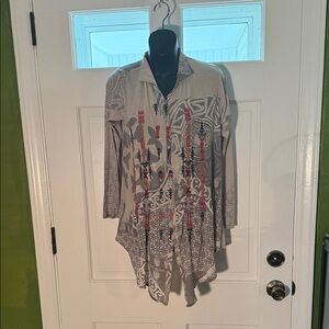 Johnny Was Gray Embroidered Long Sleeved Tunic Top Size Small